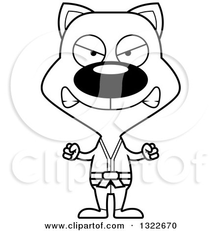 Lineart Clipart of a Cartoon Black and White Mad Karate Cat - Royalty Free Outline Vector Illustration by Cory Thoman