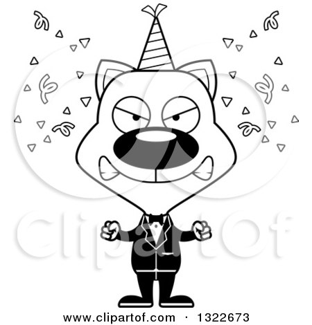 Lineart Clipart of a Cartoon Black and White Mad Party Cat - Royalty Free Outline Vector Illustration by Cory Thoman