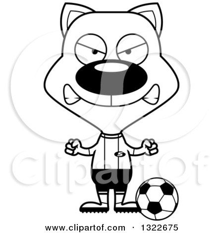 Lineart Clipart of a Cartoon Black and White Mad Cat Soccer Player - Royalty Free Outline Vector Illustration by Cory Thoman