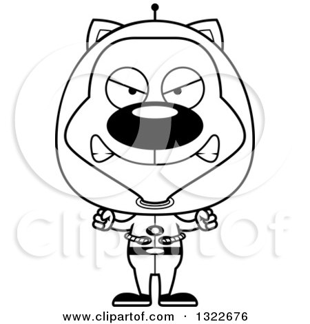 Lineart Clipart of a Cartoon Black and White Mad Futuristic Space Cat - Royalty Free Outline Vector Illustration by Cory Thoman