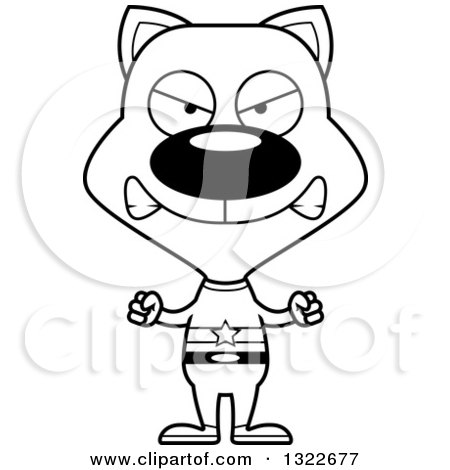 Lineart Clipart of a Cartoon Black and White Mad Cat Super Hero - Royalty Free Outline Vector Illustration by Cory Thoman