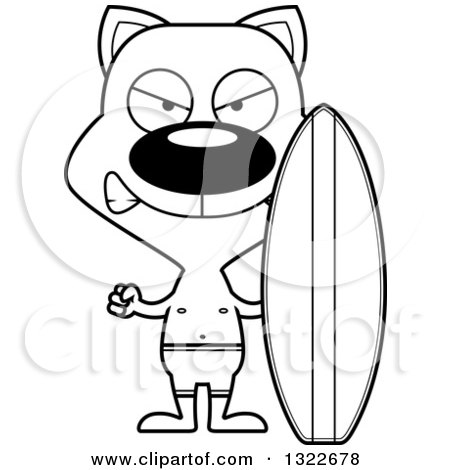 Lineart Clipart of a Cartoon Black and White Mad Surfer Cat - Royalty Free Outline Vector Illustration by Cory Thoman