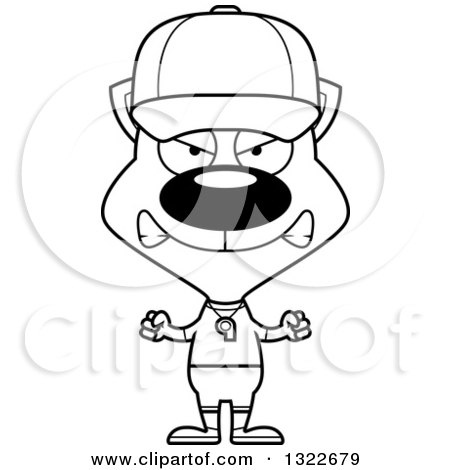 Lineart Clipart of a Cartoon Black and White Mad Cat Sports Coach - Royalty Free Outline Vector Illustration by Cory Thoman