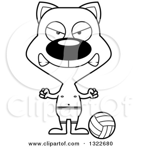 Lineart Clipart of a Cartoon Black and White Mad Cat Beach Volleyball Player - Royalty Free Outline Vector Illustration by Cory Thoman