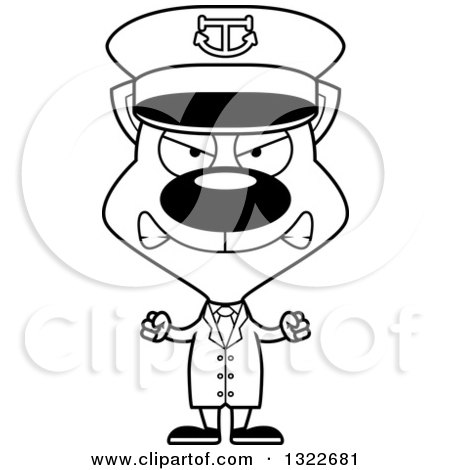 Lineart Clipart of a Cartoon Black and White Mad Cat Captain - Royalty Free Outline Vector Illustration by Cory Thoman