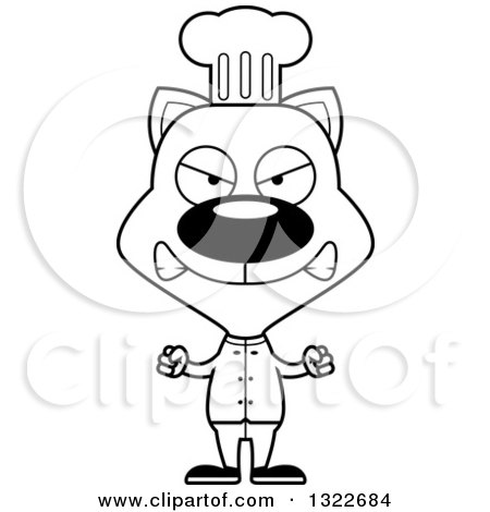 Lineart Clipart of a Cartoon Black and White Mad Cat Chef - Royalty Free Outline Vector Illustration by Cory Thoman