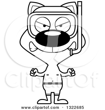 Lineart Clipart of a Cartoon Black and White Mad Cat in Snorkel Gear - Royalty Free Outline Vector Illustration by Cory Thoman