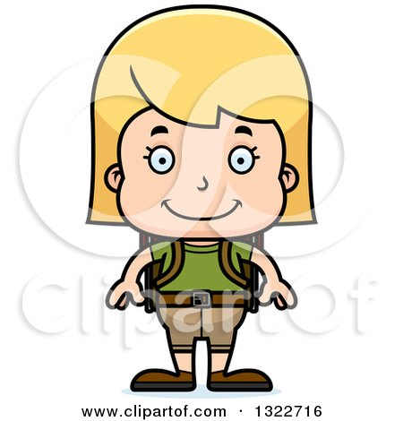 Clipart of a Cartoon Happy Blond White Girl Hiker - Royalty Free Vector Illustration by Cory Thoman
