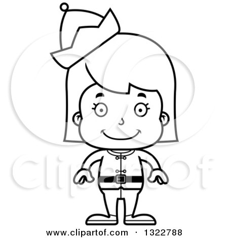 Lineart Clipart of a Cartoon Black and White Happy Christmas Elf Girl - Royalty Free Outline Vector Illustration by Cory Thoman