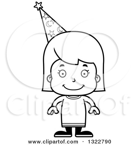 Lineart Clipart of a Cartoon Black and White Happy Girl Wizard - Royalty Free Outline Vector Illustration by Cory Thoman