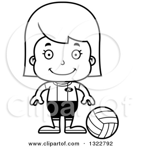 Lineart Clipart of a Cartoon Black and White Happy Girl Volleyball Player - Royalty Free Outline Vector Illustration by Cory Thoman