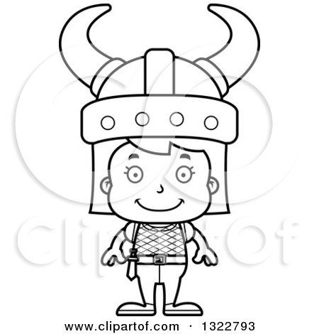 Lineart Clipart of a Cartoon Black and White Happy Girl Viking - Royalty Free Outline Vector Illustration by Cory Thoman
