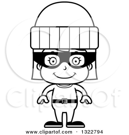 Lineart Clipart of a Cartoon Black and White Happy Girl Robber - Royalty Free Outline Vector Illustration by Cory Thoman