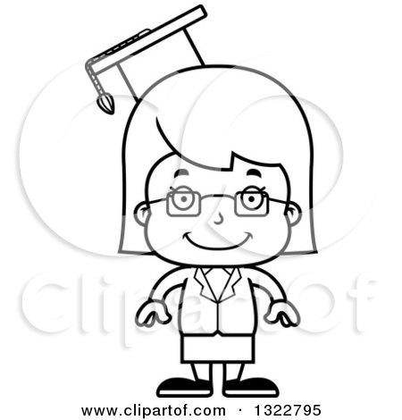 Lineart Clipart of a Cartoon Black and White Happy Girl Professor - Royalty Free Outline Vector Illustration by Cory Thoman