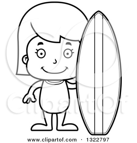 Lineart Clipart of a Cartoon Black and White Happy Surfer Girl - Royalty Free Outline Vector Illustration by Cory Thoman