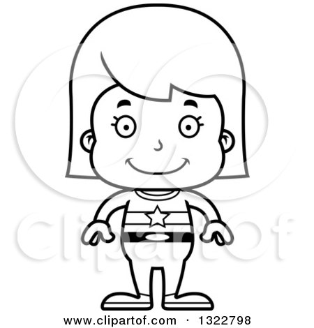 Lineart Clipart of a Cartoon Black and White Happy Girl Super Hero - Royalty Free Outline Vector Illustration by Cory Thoman