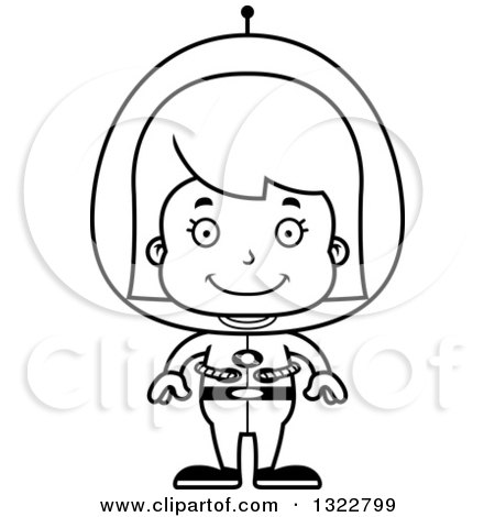 Lineart Clipart of a Cartoon Black and White Happy Futuristic Space Girl - Royalty Free Outline Vector Illustration by Cory Thoman