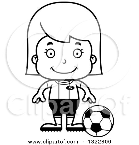 Lineart Clipart of a Cartoon Black and White Happy Girl Soccer Player - Royalty Free Outline Vector Illustration by Cory Thoman