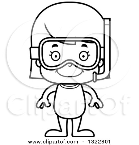 Lineart Clipart of a Cartoon Black and White Happy Girl in Snorkel Gear - Royalty Free Outline Vector Illustration by Cory Thoman