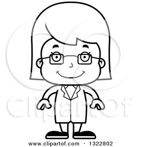 Lineart Clipart of a Cartoon Black and White Happy Girl Scientist - Royalty Free Outline Vector Illustration by Cory Thoman