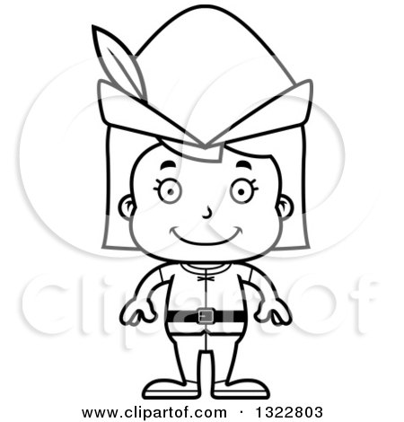 Lineart Clipart of a Cartoon Black and White Happy Robin Hood Girl - Royalty Free Outline Vector Illustration by Cory Thoman
