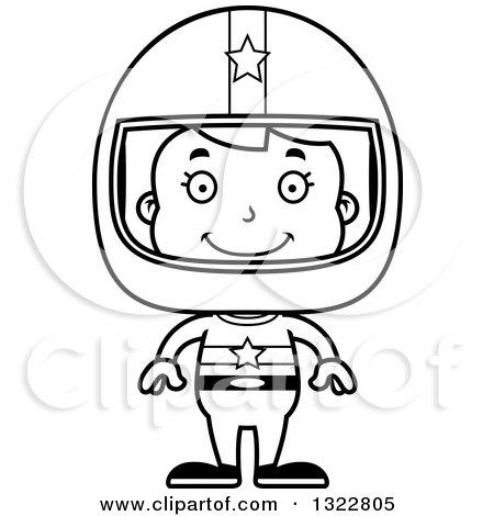 Lineart Clipart of a Cartoon Black and White Happy Race Car Driver Girl - Royalty Free Outline Vector Illustration by Cory Thoman