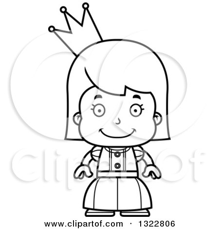 Lineart Clipart of a Cartoon Black and White Happy Girl Princess - Royalty Free Outline Vector Illustration by Cory Thoman