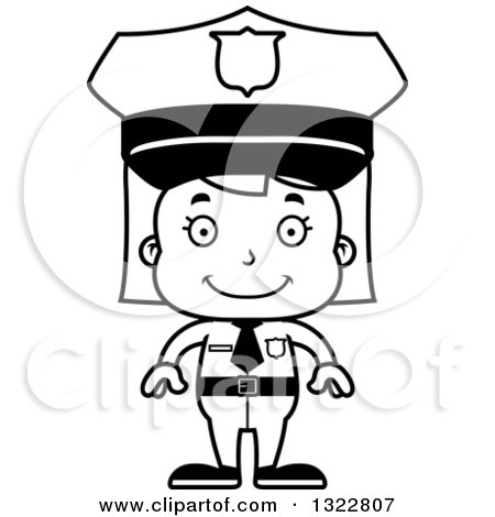 Lineart Clipart of a Cartoon Black and White Happy Girl Police Officer - Royalty Free Outline Vector Illustration by Cory Thoman