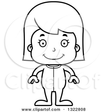 Lineart Clipart of a Cartoon Black and White Happy Girl in Pajamas - Royalty Free Outline Vector Illustration by Cory Thoman