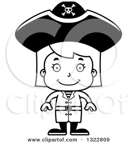 Lineart Clipart of a Cartoon Black and White Happy Pirate Girl - Royalty Free Outline Vector Illustration by Cory Thoman