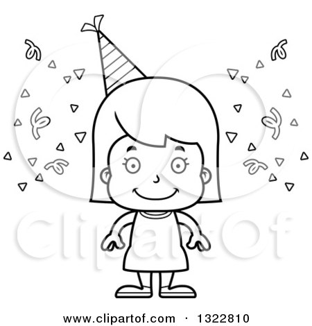 Lineart Clipart of a Cartoon Black and White Happy Party Girl - Royalty Free Outline Vector Illustration by Cory Thoman