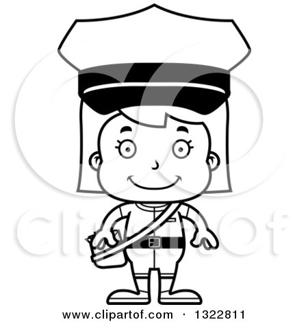 Lineart Clipart of a Cartoon Black and White Happy Girl Mailman - Royalty Free Outline Vector Illustration by Cory Thoman
