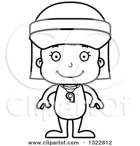 Lineart Clipart of a Cartoon Black and White Happy Girl Lifeguard - Royalty Free Outline Vector Illustration by Cory Thoman