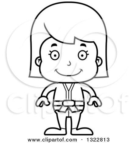 Lineart Clipart of a Cartoon Black and White Happy Karate Girl - Royalty Free Outline Vector Illustration by Cory Thoman