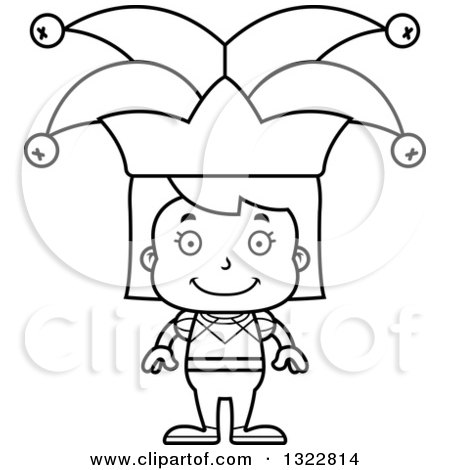 Lineart Clipart of a Cartoon Black and White Happy Girl Jester - Royalty Free Outline Vector Illustration by Cory Thoman