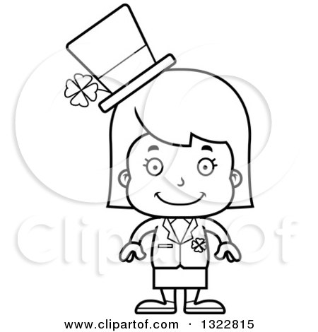 Lineart Clipart of a Cartoon Black and White Happy St Patricks Day Irish Girl - Royalty Free Outline Vector Illustration by Cory Thoman