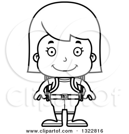 Lineart Clipart of a Cartoon Black and White Happy Girl Hiker - Royalty Free Outline Vector Illustration by Cory Thoman