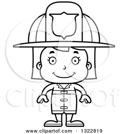 Lineart Clipart of a Cartoon Black and White Happy Girl Firefighter - Royalty Free Outline Vector Illustration by Cory Thoman