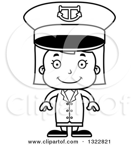 Lineart Clipart of a Cartoon Black and White Happy Girl Captain - Royalty Free Outline Vector Illustration by Cory Thoman
