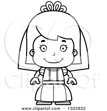 Lineart Clipart of a Cartoon Black and White Happy Girl Bride - Royalty Free Outline Vector Illustration by Cory Thoman