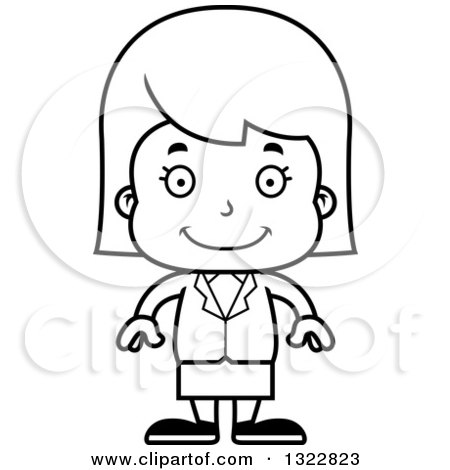 Lineart Clipart of a Cartoon Black and White Happy Business Girl - Royalty Free Outline Vector Illustration by Cory Thoman