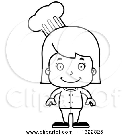 Lineart Clipart of a Cartoon Black and White Happy Girl Chef - Royalty Free Outline Vector Illustration by Cory Thoman