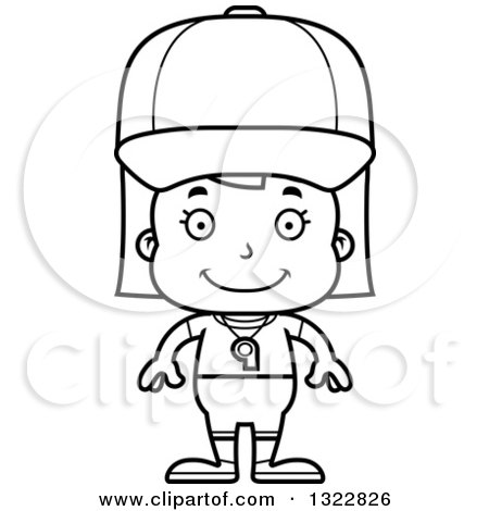 Lineart Clipart of a Cartoon Black and White Happy Girl Sports Coach - Royalty Free Outline Vector Illustration by Cory Thoman