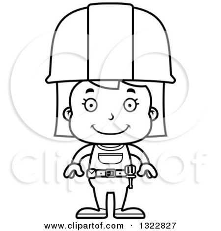 Lineart Clipart of a Cartoon Black and White Happy Girl Construction Worker - Royalty Free Outline Vector Illustration by Cory Thoman