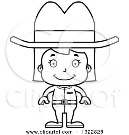 Lineart Clipart of a Cartoon Black and White Happy Cowgirl - Royalty Free Outline Vector Illustration by Cory Thoman