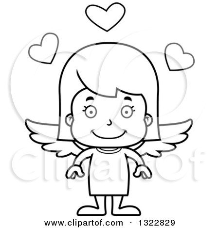 Lineart Clipart of a Cartoon Black and White Happy Girl Cupid - Royalty Free Outline Vector Illustration by Cory Thoman