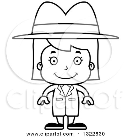 Lineart Clipart of a Cartoon Black and White Happy Girl Detective - Royalty Free Outline Vector Illustration by Cory Thoman