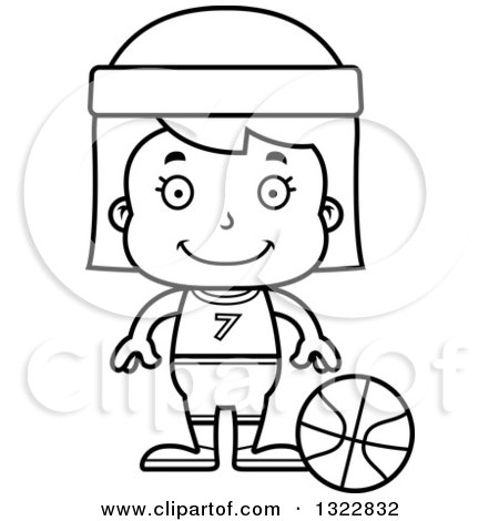 Lineart Clipart of a Cartoon Black and White Happy Girl Basketball Player - Royalty Free Outline Vector Illustration by Cory Thoman