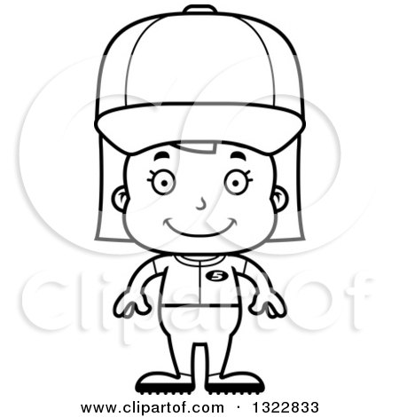 Lineart Clipart of a Cartoon Black and White Happy Girl Baseball Player - Royalty Free Outline Vector Illustration by Cory Thoman