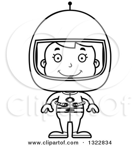 Lineart Clipart of a Cartoon Black and White Happy Girl Astronaut - Royalty Free Outline Vector Illustration by Cory Thoman